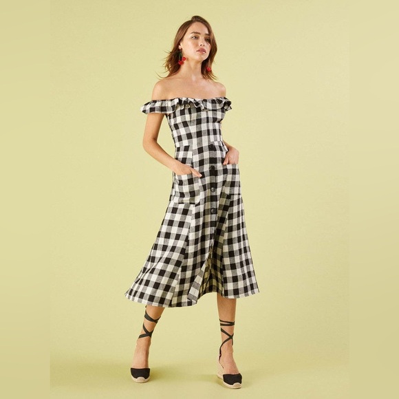REFORMATION Black White Gingham Quiet Luxury Off-Shoulder Midi Dress Small - Picture 1 of 15